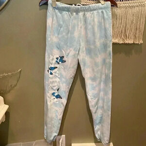 SISTERS BY SAFETY PIN BLUE TIE DYE BUTTERFLY SWEATPANTS JOGGERS SIZE SMALL